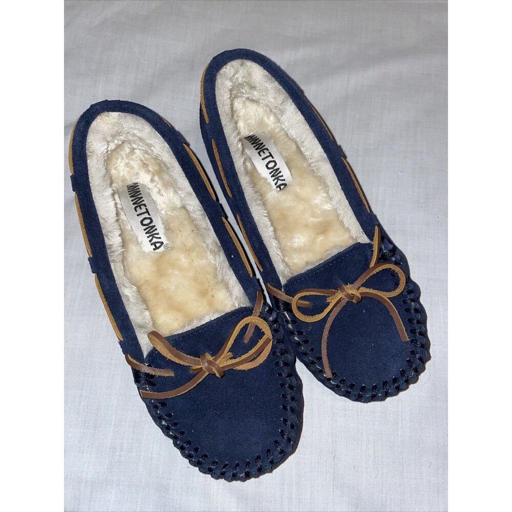 Minnetonka Casual Loafers Women’s Size 5 Medium Blue Leather Fleece Lined